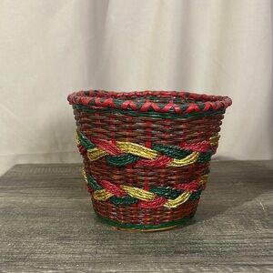 Vintage Woven Basket Red Green and Metallic Gold